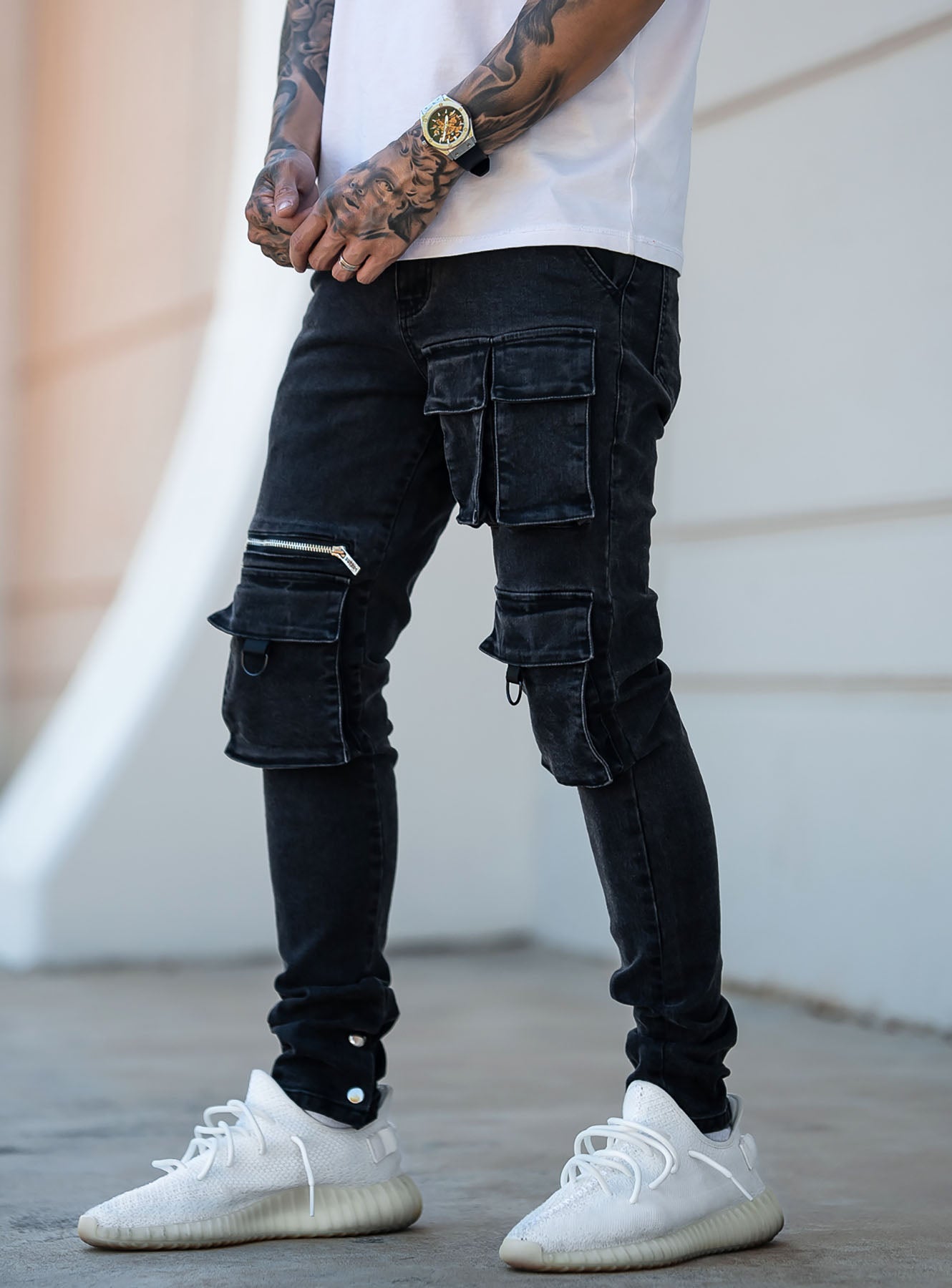 Cargo Jeans V8 in Washed Black | PRSTGE