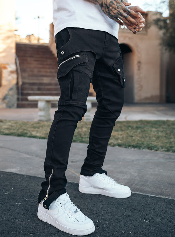 Constructed Cargo Jeans in Jet Black