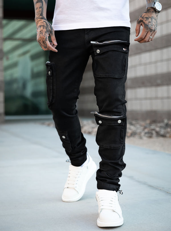 ''Never Out Of Pockets'' Cargo Jeans in Jet Black