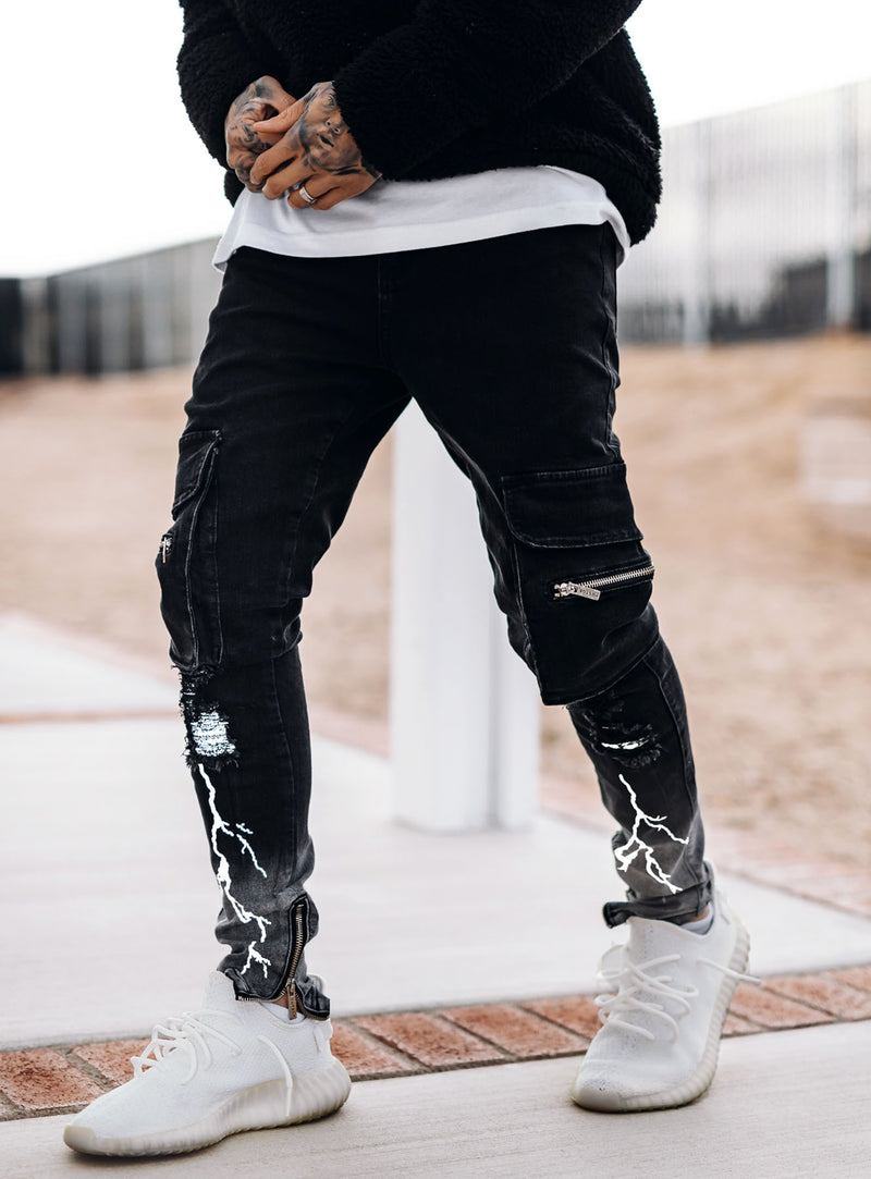 Reflective Thunder Cargo Jeans in Black