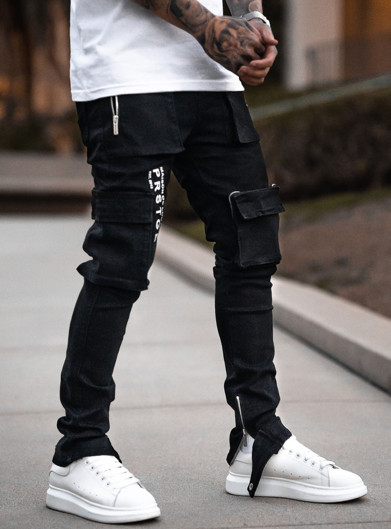 Constructed Cargo Jeans in Jet Black