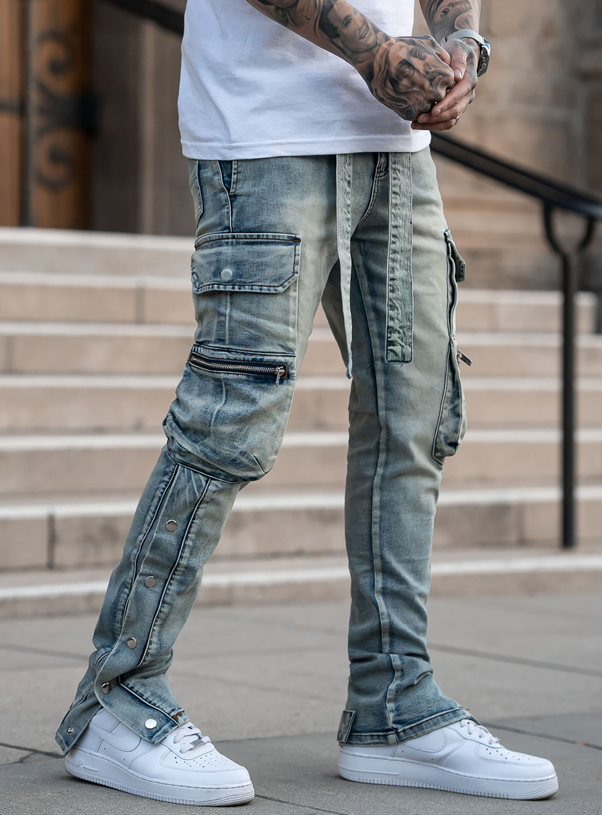 Snap Cargo Jeans in Sand Blue | PRSTGE