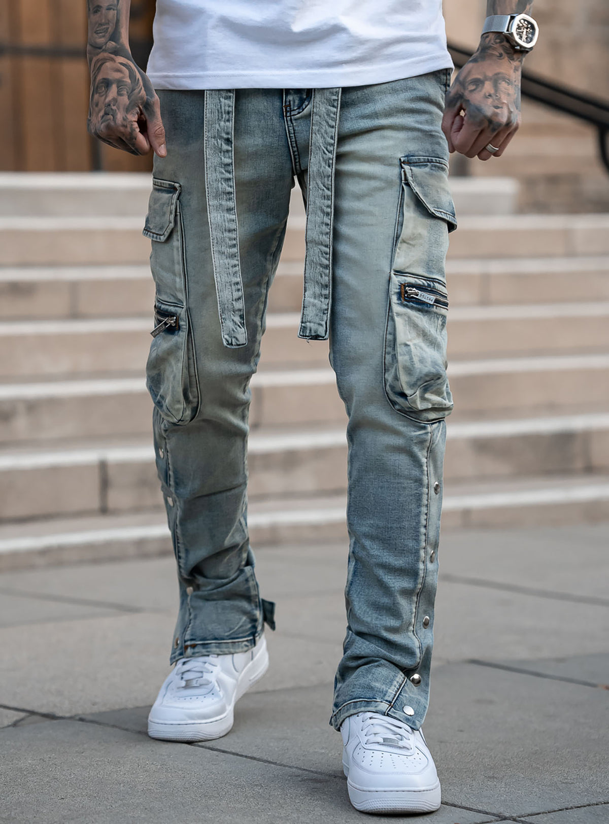 Snap Cargo Jeans in Sand Blue | PRSTGE