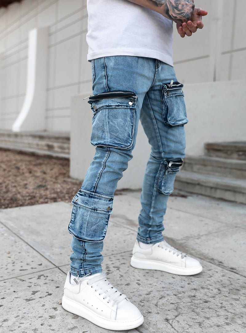 Never Out Of Pockets Cargo Jeans in Blue